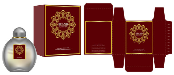 Packaging design, Label on cosmetic container with red and gold luxury box template and mockup box. vector illustration.	