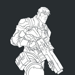 White contour drawing on a black background, powerful military with a gun