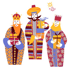 Three biblical Kings: Caspar, Melchior and Balthazar. Three wise men with gift boxes. Feliz dia de reyes! (Happy Three Kings Day!).