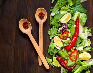 Wooden Spoons with Spices and Organic Food Background of Lettuce. Italian Cooking, organic food concept.Top view, copy space, flat lay.