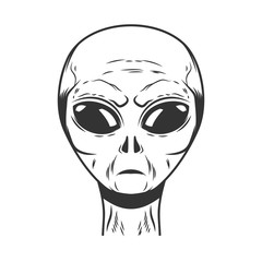 Illustration of space alien head on white background. Design element for logo, label, emblem, sign, poster, t shirt.