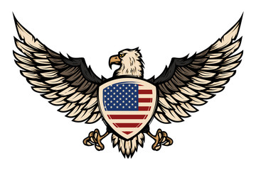Illustration of eagle with american flag. Design element for poster, flyer, emblem, sign.