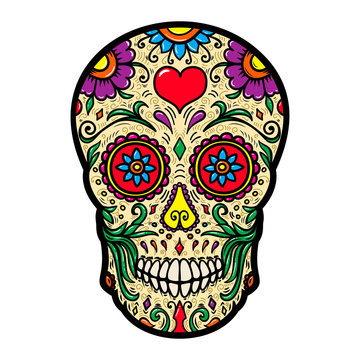 Illustration of mexican sugar skull isolated on white background. Design element for poster, card, t shirt.