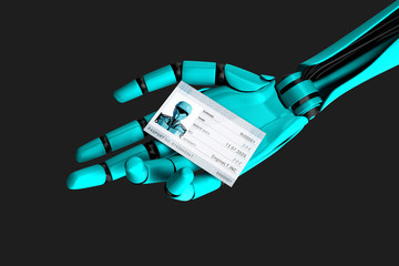 Robot hand holding a passport with his photo and identification number. 3d illustration