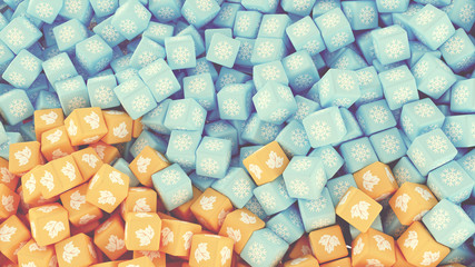 The texture of scattered cubes of different colors with icons representing different seasons. 3d illustration