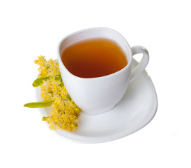 cup of herbal tea with linden flowers isolated on white background