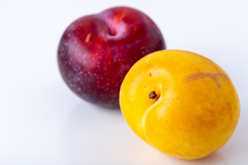 Purple and yellow plums isolated on a white background