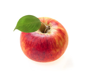 Red apple with leaf close-up isolated on white background