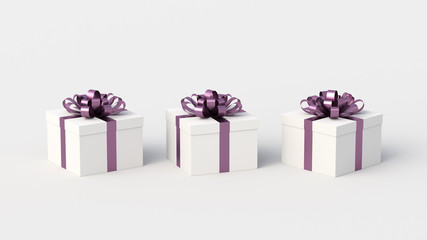 White gift boxes with purple ribbon, on white background. Concept for women and holidays. 3D Rendering