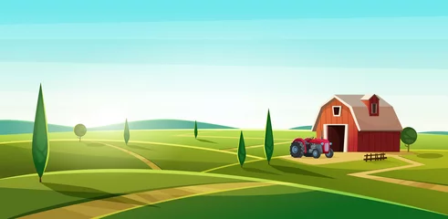 Foto auf Glas Bunte Landschaftslandschaft mit Scheune und Traktor auf dem Hügel. Ländliche Lage. Moderne Vektorillustration der Karikatur © Vector_Vision