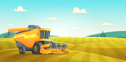 Obraz na płótnie Canvas Rural summer landscape with Combine harvester agriculture machine harvesting golden ripe wheat field