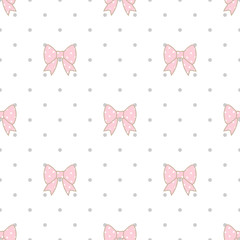 Cute pink bow seamless pattern with gray polka dot on white background.