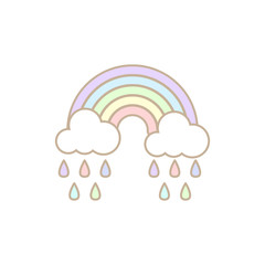 Cute rainbow and cloud with rain isolated on white background in pastel.