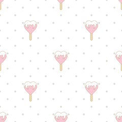 Cute strawberry ice cream in heart shape seamless pattern on white background and gray polka dot in pastel theme.