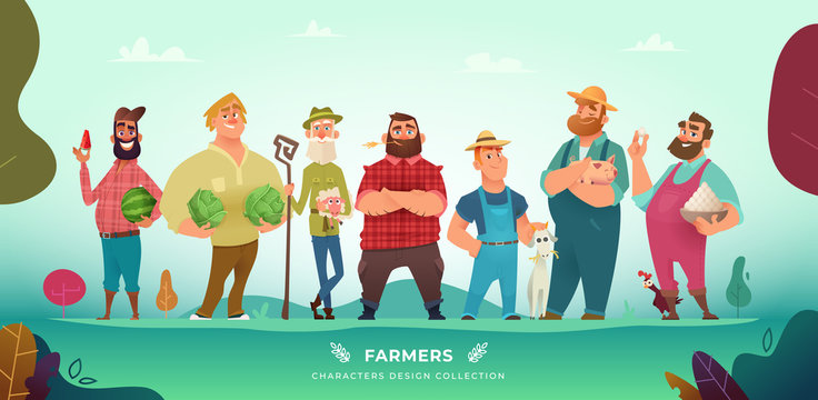 Cartoon modern collection of funny different farmers characters.