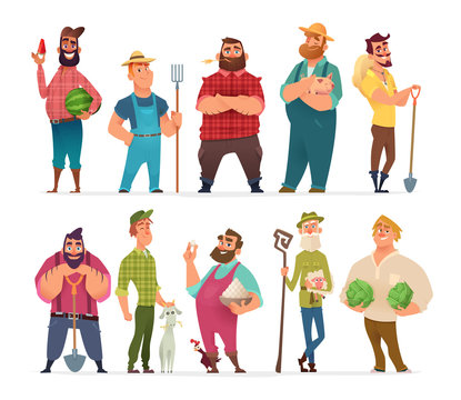Collection of farm character design. Happy and healthy farmers set