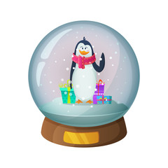 Cartoon snow glass globe with penguin character inside. Vector illustration