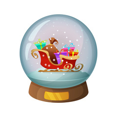 Cartoon snow glass globe with coach or sleigh inside. Vector illustration
