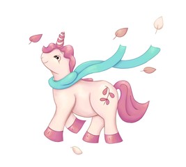 Cute pink unicorn is walking, looking up, smiling, the girl is happy, dressed turquoise scarf whose is moving in the wind, flying leafs on the white background, autumn season, colorful illustration