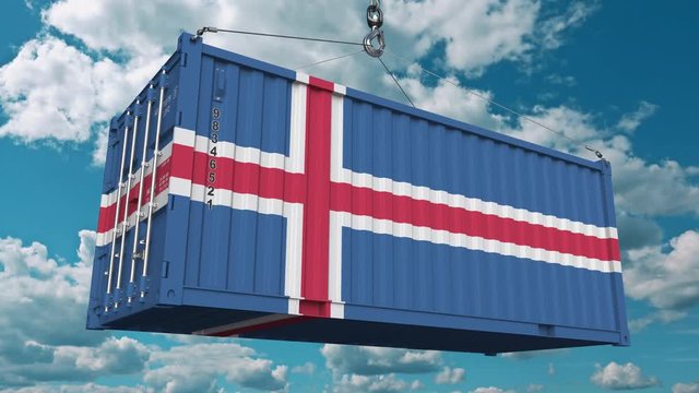 Loading cargo container with flag of Iceland. Icelandic import or export related conceptual 3D animation