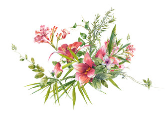 watercolor painting of leaves and flower, on white background
