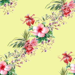Watercolor painting of leaf and flowers, seamless pattern