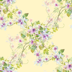 Watercolor painting of leaf and flowers, seamless pattern