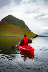 Extreme adventure sport, Iceland kayaking, paddling on kayak, outdoors activity