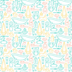 Baby care elements seamless pattern. Linear style vector illustration. Baby hygiene accessories. .Suitable for wallpaper, wrapping or textile