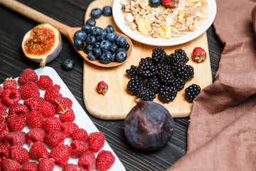 Healthy breakfast with muesli and berries. Top view, flat lay