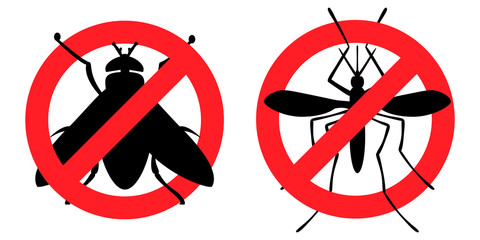Pest Control, antifly, antimosquito (destruction of parasites, insects, fly, mosquito, insect, toxicity, prohibition, vector, black outline, white background)