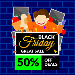 Black friday gold orange sale banner with bag full of stuff