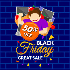 Black friday gold purple sale banner with bag full of stuff