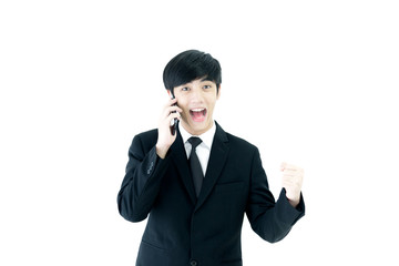 Asia businessman with black suit and black necktie has feeling victory isolated on white background.