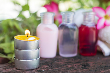 Candle on blurred total spa background, Spa still life with aromatic candles,