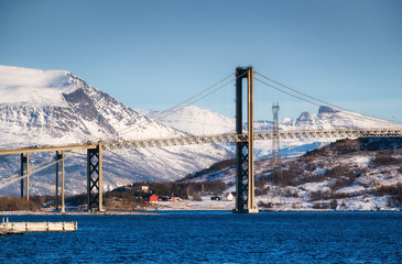 Bridge at the day time. Road and trasport. Natural landscape in the Lofoten islands, Norway. Architecture and landscape.
