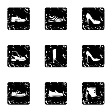 Kind of shoes icons set. Grunge illustration of 9 kind of shoes vector icons for web