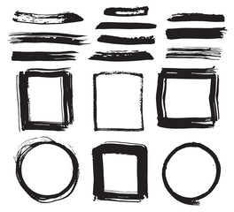 Frames and Brush strokes, grunge textured hand drawn elements set, vector illustration