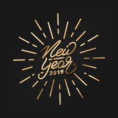 Fototapeta na wymiar New Year 2019. Happy New Year 2019 gold hand lettering label. Hand drawn logo for New Year card, poster, design etc
