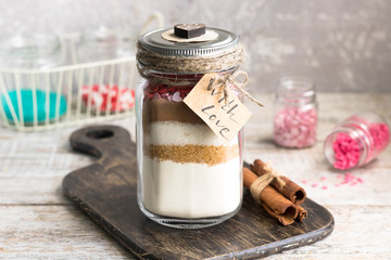 Mixture of ingredients for baking cookies for Valentine's Day