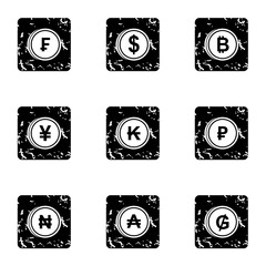 Currency icons set. Grunge illustration of 9 currency vector icons for web