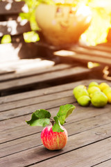 Beautiful round Apple with leaves together with pears on the table