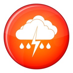 Cloud with lightning and rain icon in red circle isolated on white background vector illustration