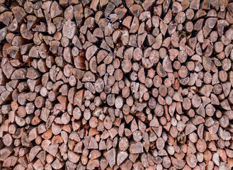 A pile of stacked firewood, prepared for heating the house.