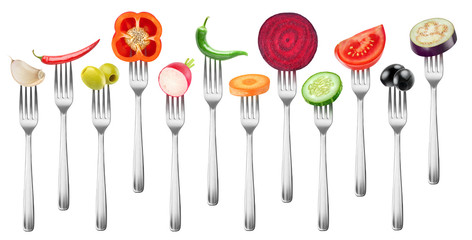 Isolated vegetables collection. Pieces of garlic, peppers, olives, radish, carrot, beet, cucumber, tomato and eggplant on a fork isolated on white background with clipping path