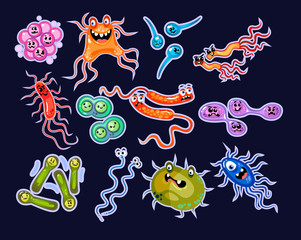 Cartoon bacteria set isolated on blue background. Vector illustration