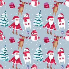 Christmas seamless pattern design with snowman, Santa, deers and Christmas trees. Vector illustration