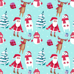 Christmas seamless pattern design with snowman, Santa, deers and Christmas trees. Vector illustration