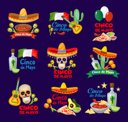 Cinco de mayo labels with traditional mexican food and decorations. Vector illustration.