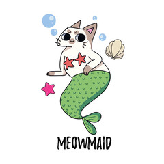 Meowmaid cute illustration with cat mermaid. Vector illustration